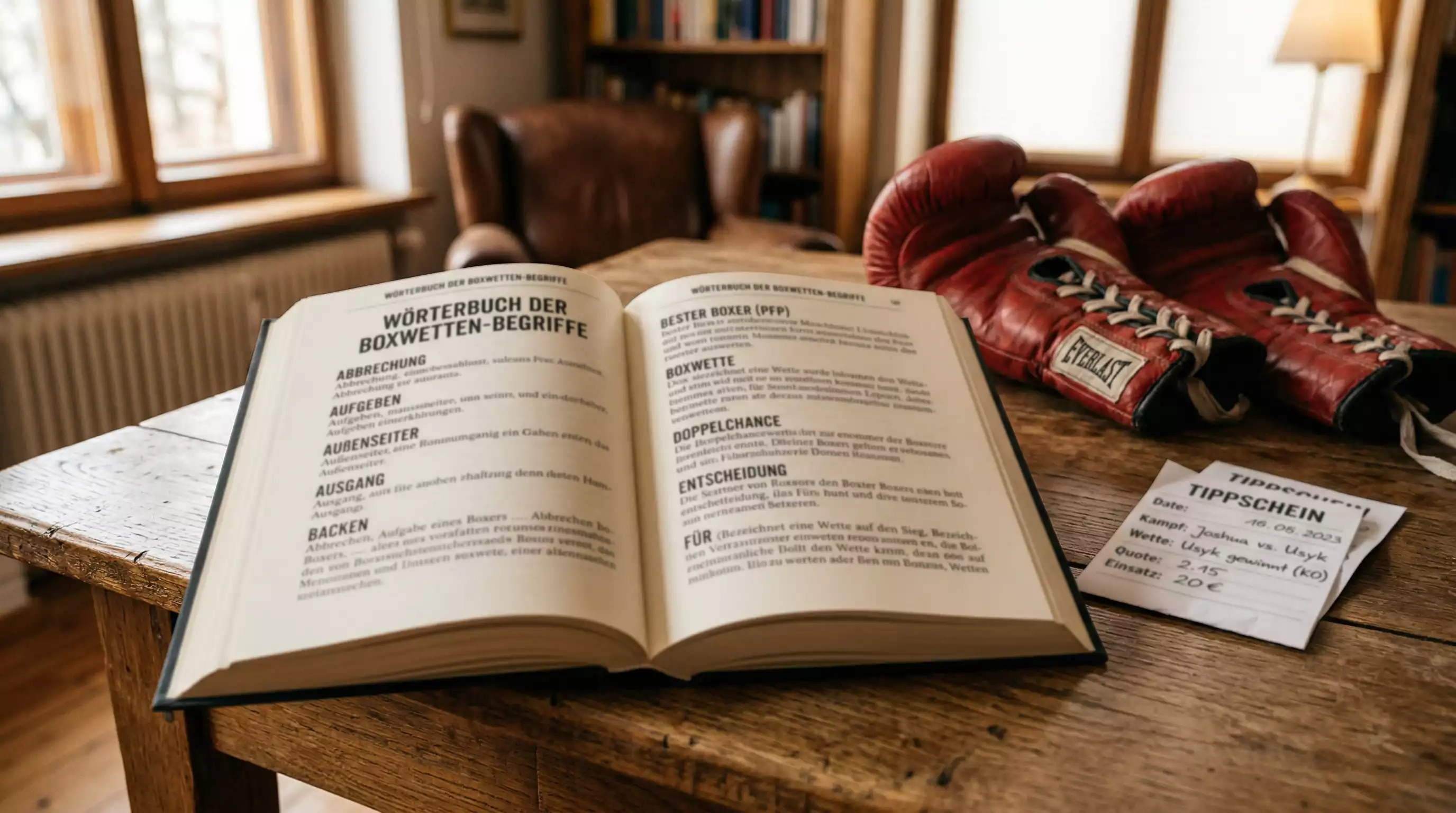 Aufgeschlagenes Woerterbuch neben Boxhandschuhen und einem Wettschein auf einem Holztisch