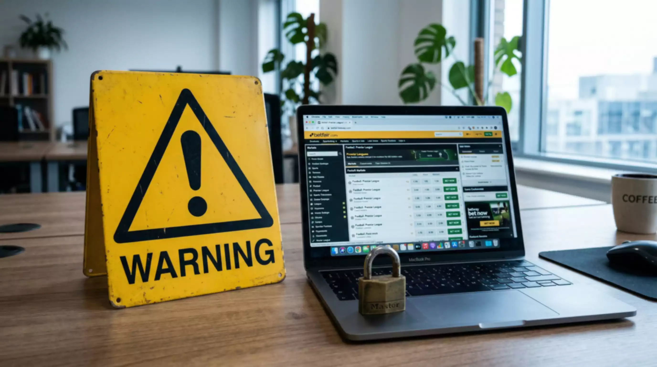Warnschild neben einem Laptop mit einer Sportwetten-Seite und einem Vorhängeschloss auf der Tastatur